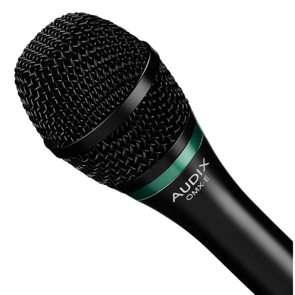 OMX-E close-up of the woven black mesh grille, green accent ring and AUDIX OMX-E logo on the body, Audix
