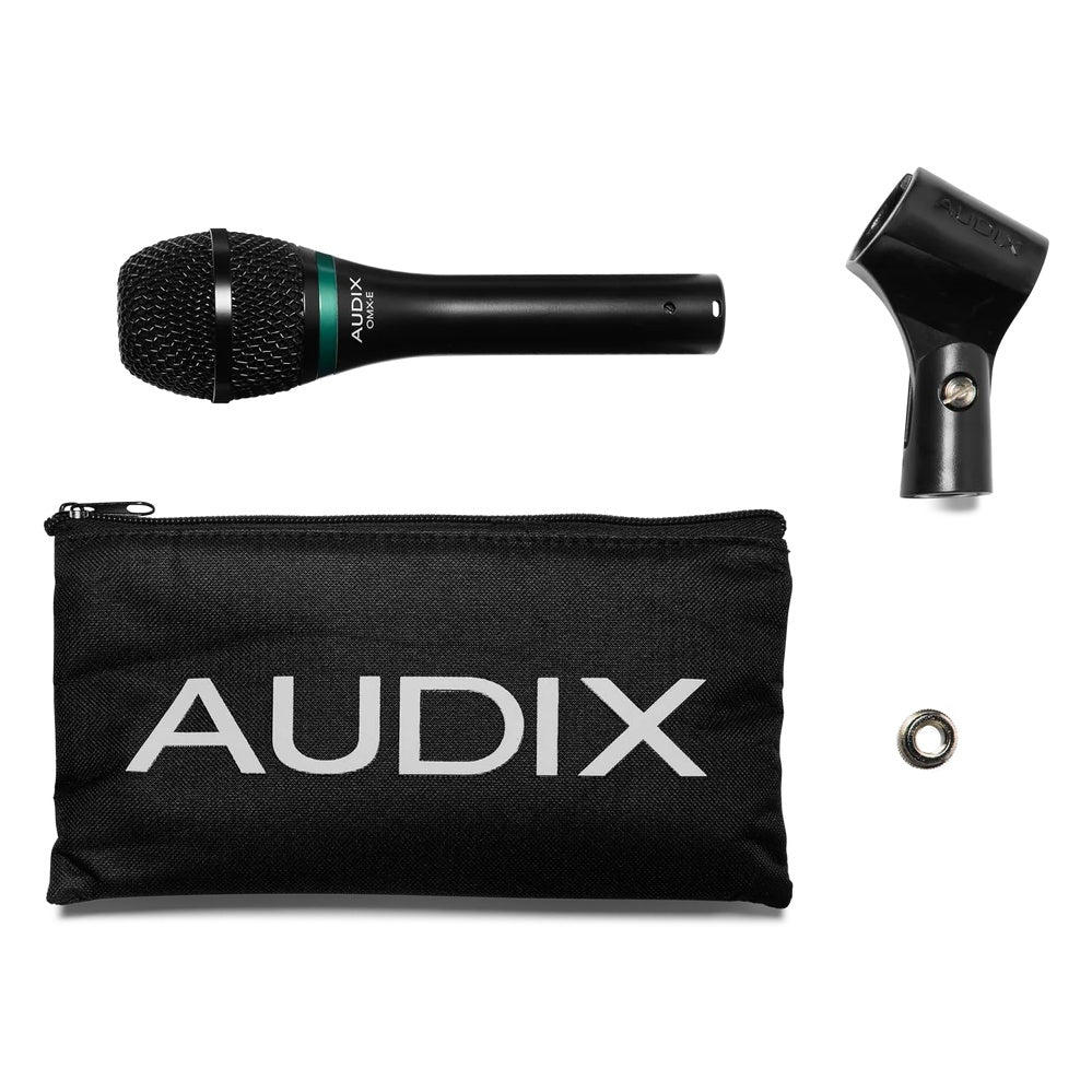 OMX-E in the box contents showing the microphone, stand clip, thread adapter and black zippered AUDIX carry pouch, Audix