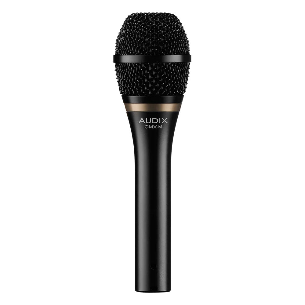 OMX-M front view showing black mesh grille, bronze accent ring and Audix OMX-M logo on the handle, Audix