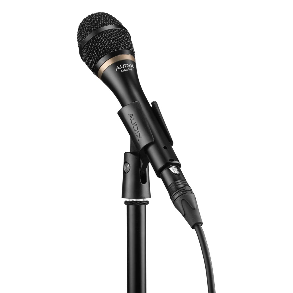 OMX-M mounted in a black stand clip on a mic stand with XLR cable connected at the base, Audix