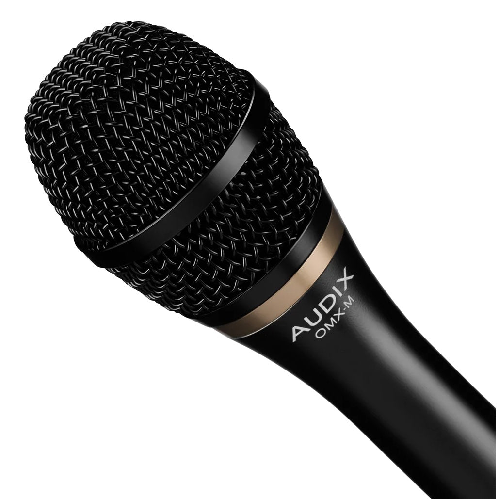OMX-M close-up of the woven black mesh grille, bronze ring and Audix OMX-M logo, Audix