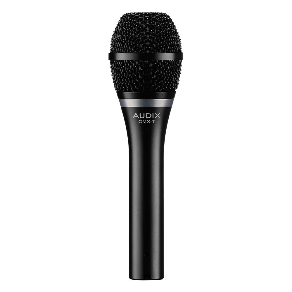 OMX-T dynamic vocal microphone front view showing black mesh grille, silver ring and AUDIX OMX-T logo on the handle, Audix