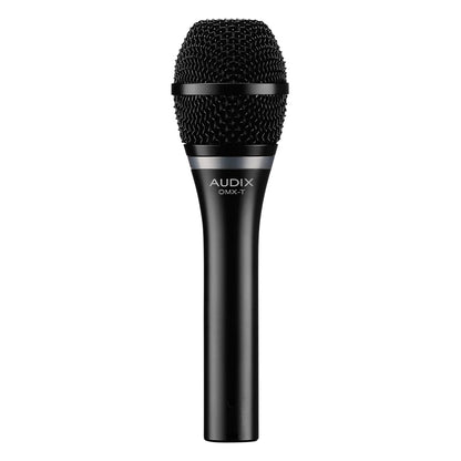 OMX-T dynamic vocal microphone front view showing black mesh grille, silver ring and AUDIX OMX-T logo on the handle, Audix