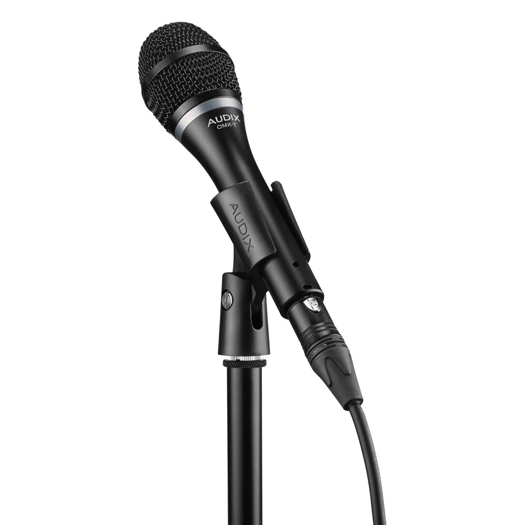 OMX-T vocal microphone mounted in a stand clip on a mic stand with XLR cable connected at the base, Audix