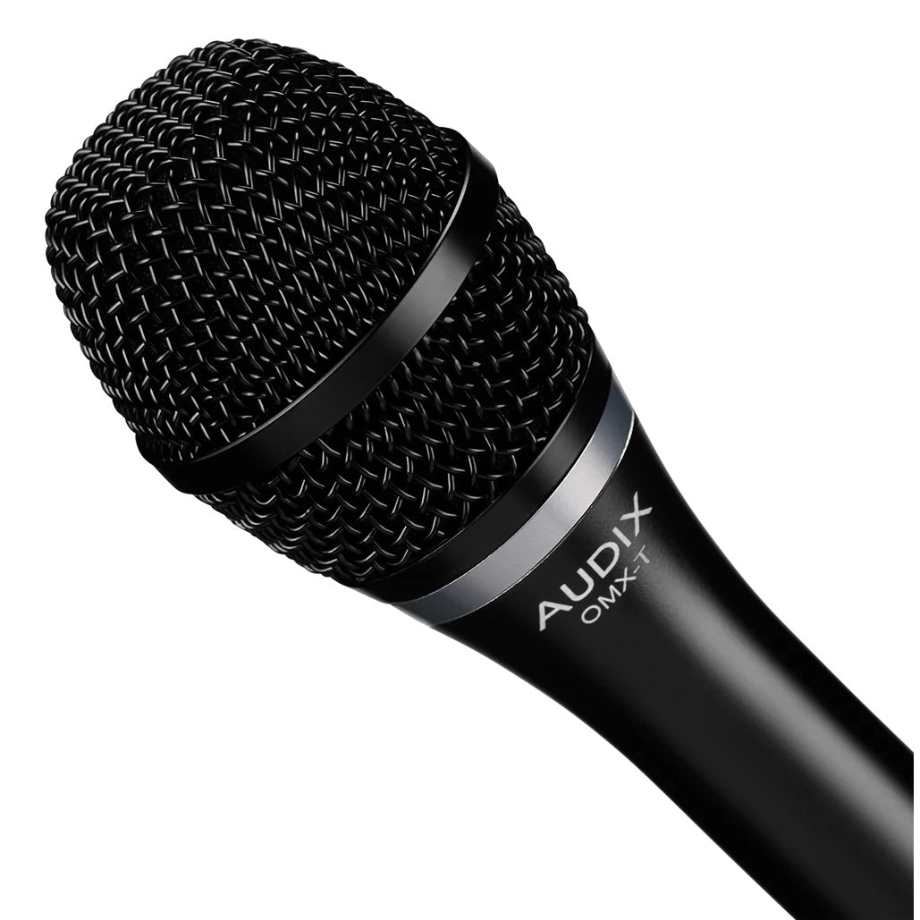 OMX-T close-up of woven steel mesh grille, black ring and silver band above the AUDIX OMX-T logo, Audix