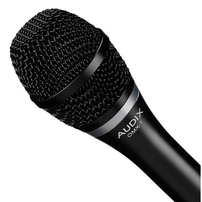OMX-T close-up of woven steel mesh grille, black ring and silver band above the AUDIX OMX-T logo, Audix