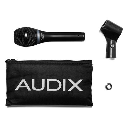 OMX-T in the box contents showing microphone, black zippered AUDIX carry pouch, stand clip and thread adapter nut, Audix