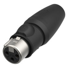 NC3FX1-TOP 3-pole female XLR cable connector front perspective view showing nickel shell and three socket contacts in black housing, Neutrik