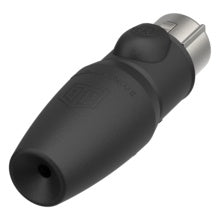 NC3FX1-TOP 3-pole female XLR cable connector rear perspective view showing black boot with cable entry hole and embossed logo, Neutrik