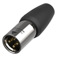 NC3MX1-TOP 3-pole male XLR cable end front perspective showing gold-plated pins in nickel shell with black strain relief boot, Neutrik