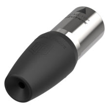 NC3MX1-TOP 3-pole male XLR cable end rear perspective showing black rubber boot with cable entry hole and nickel shell, Neutrik