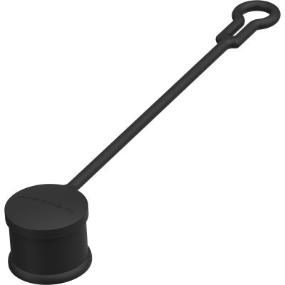 SCFX-TOP sealing cover angled front view lying flat, black round cap with embossed logo and long tether ending in a loop, Neutrik