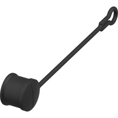 SCFX-TOP sealing cover angled side view lying flat, showing cylindrical cap body, embossed logo and tether with eyelet loop, Neutrik