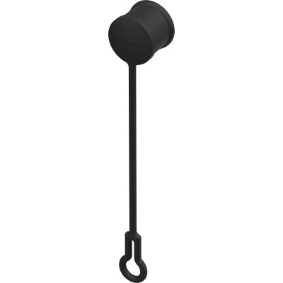 SCFX-TOP sealing cover upright angled view, black cap face with embossed logo at top and tether hanging down to a loop end, Neutrik