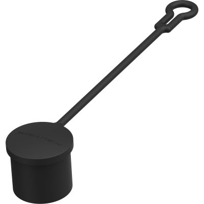 SCMX-TOP sealing cover front perspective view lying flat, black cap with embossed logo and long tether strap ending in a loop, Neutrik