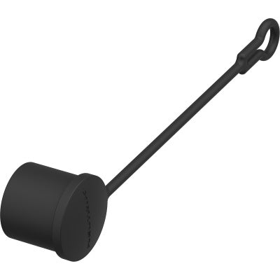 SCMX-TOP sealing cover angled side perspective view lying down, black cylindrical cap with tether strap and attachment loop, Neutrik