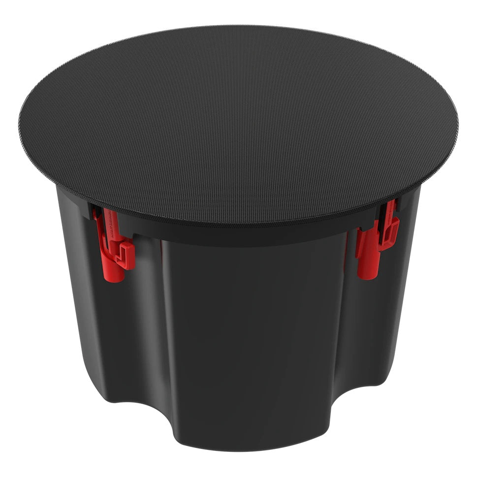 PIC-800-T 8" in-ceiling speaker angled front view with black perforated grille fitted over the baffle and red mounting dog-leg clamps visible on the back can, Klipsch