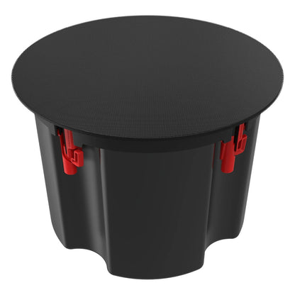 PIC-800-T 8" in-ceiling speaker angled front view with black perforated grille fitted over the baffle and red mounting dog-leg clamps visible on the back can, Klipsch
