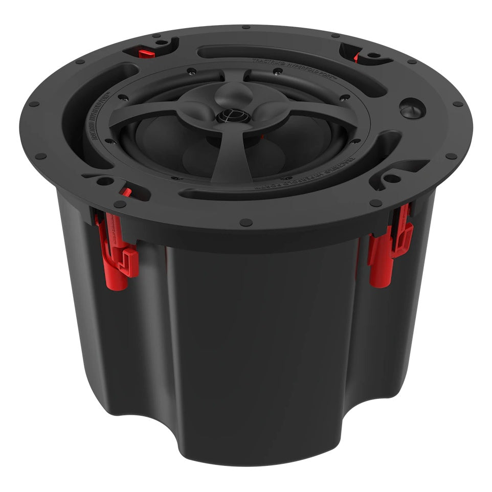 PIC-800-T 8" in-ceiling speaker angled view with grille removed showing coaxial driver with Tractrix horn tweeter, Hyperfold port slots and red mounting clamps, Klipsch