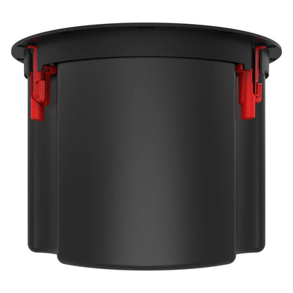 PIC-800-T 8" in-ceiling speaker side view showing the black molded back can and red swing-down mounting clamps beneath the flange, Klipsch
