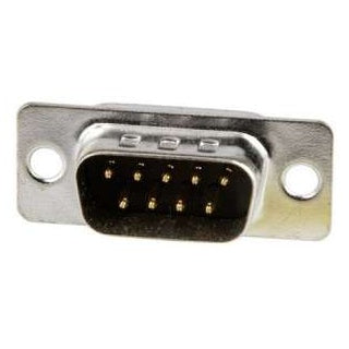 21553 male 9-pin D-sub panel mount connector front view showing two rows of gold-plated pins in a black insulator with metal shell and mounting holes, Lectrosonics