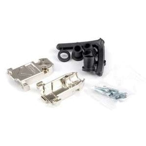 9-pin D-sub replacement connector shell kit showing two nickel-plated metal shell halves, black plastic strain relief parts and small mounting screws, Lectrosonics