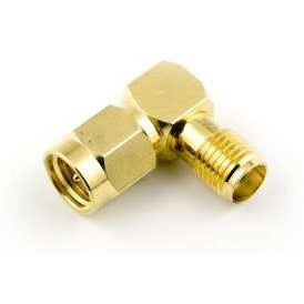 21793 right-angle RF adapter, three-quarter view showing gold-plated hex body with male pin connector on one end and threaded female connector on the other, Lectrosonics