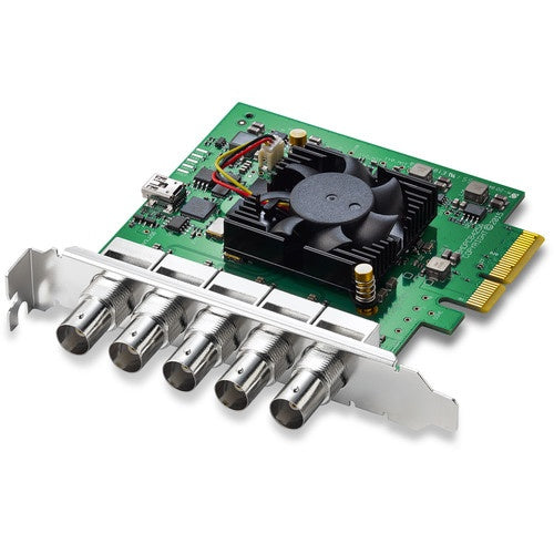 Blackmagic Design DeckLink Duo 2 PCIe capture card at an angle showing BNC connectors and cooling fan