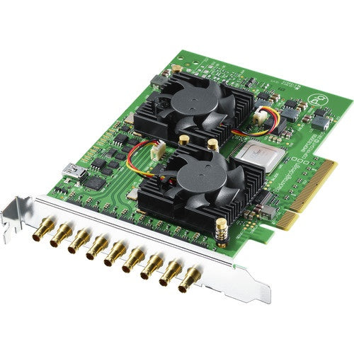 Blackmagic Design DeckLink Quad 2 PCIe capture card, angled view showing dual fans and gold BNC bracket