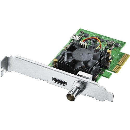 Blackmagic Design DeckLink Mini Monitor 4K PCIe card at an angle showing HDMI and BNC outputs on bracket