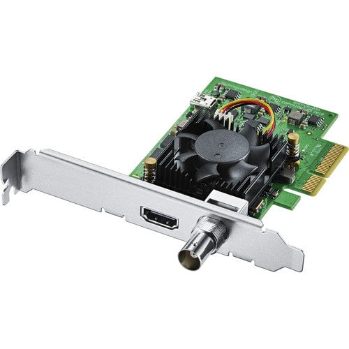 Blackmagic Design DeckLink Mini Recorder 4K PCIe capture card at an angle showing HDMI and BNC inputs
