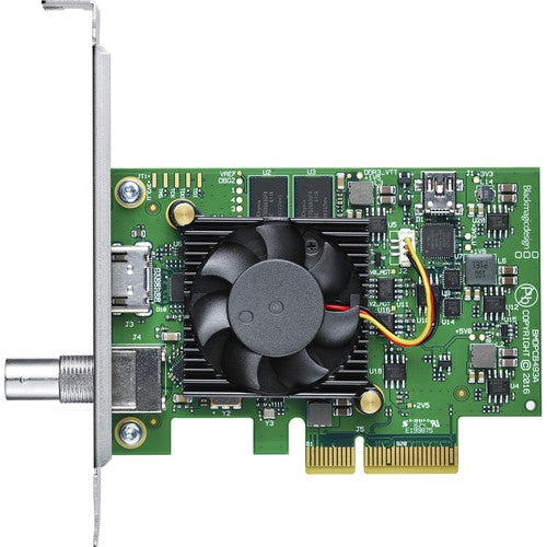 Blackmagic Design DeckLink Mini Recorder 4K top view with cooling fan, heatsink and PCIe edge connector