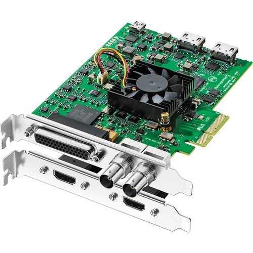 Blackmagic Design DeckLink Studio 4K PCIe capture card with cooling fan, HDMI ports, and SDI bracket