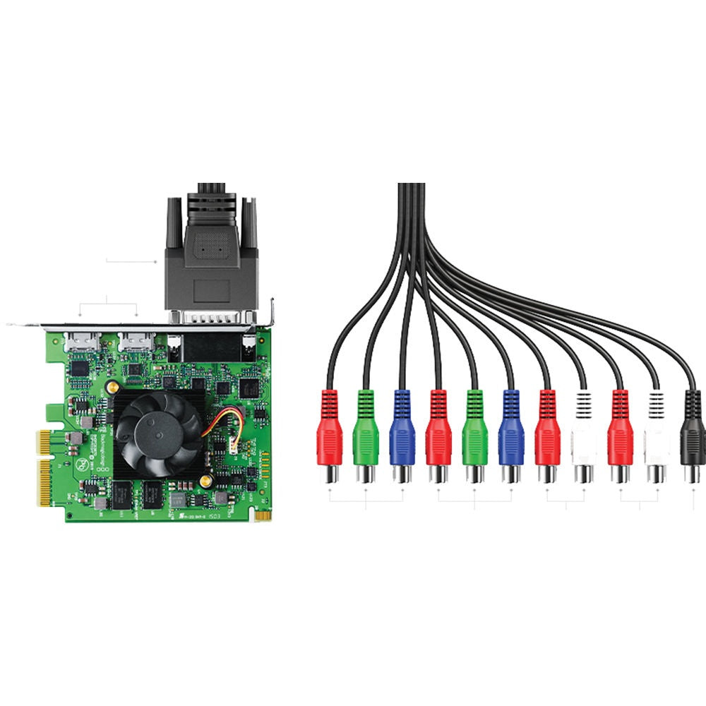 Intensity Pro 4K card shown beside its multi-connector breakout cable fanned out
