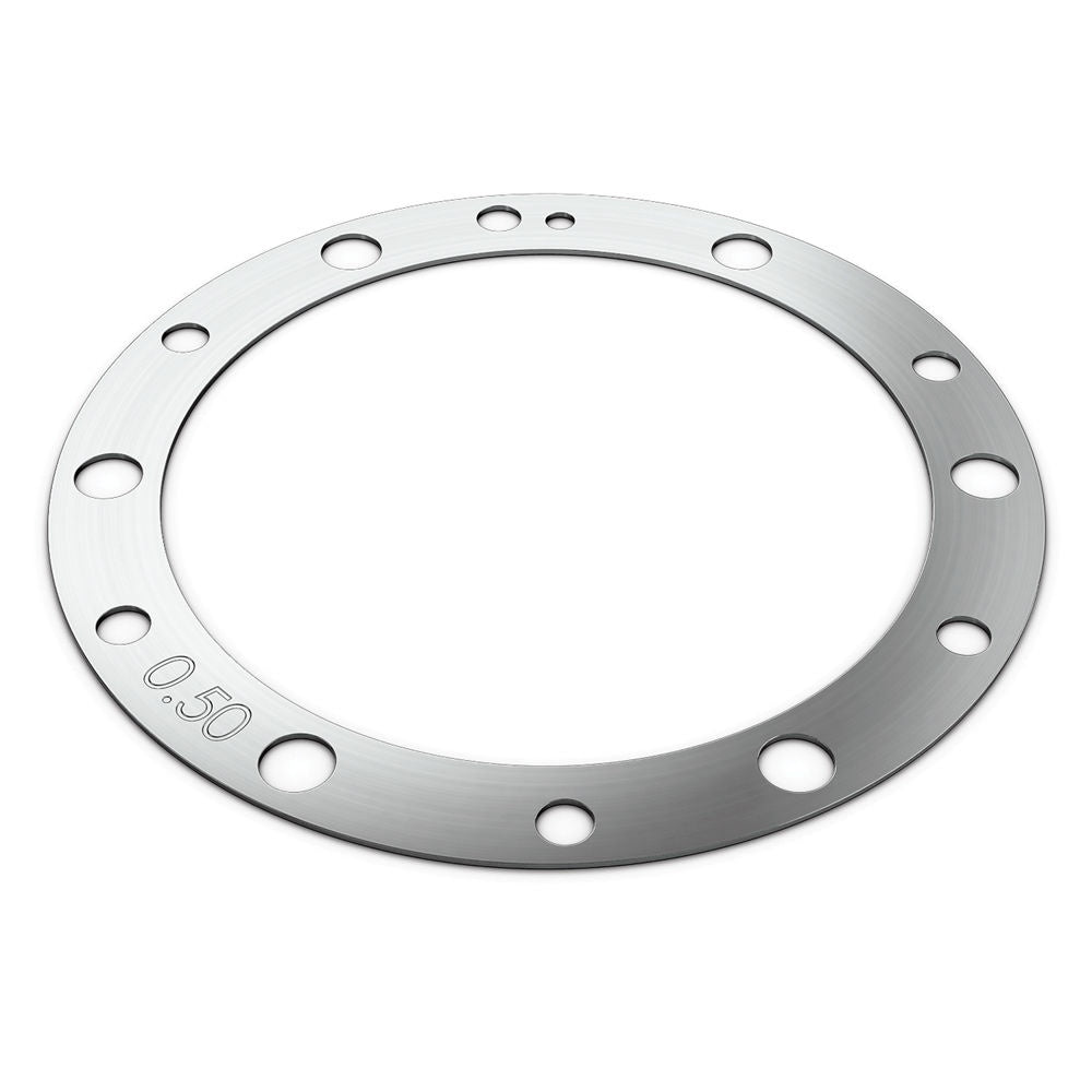 Blackmagic Design PL Mount Shim Kit angled view of a machined steel ring marked 0.50 with mounting holes
