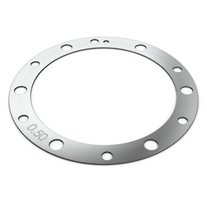 Blackmagic Design PL Mount Shim Kit angled view of a machined steel ring marked 0.50 with mounting holes