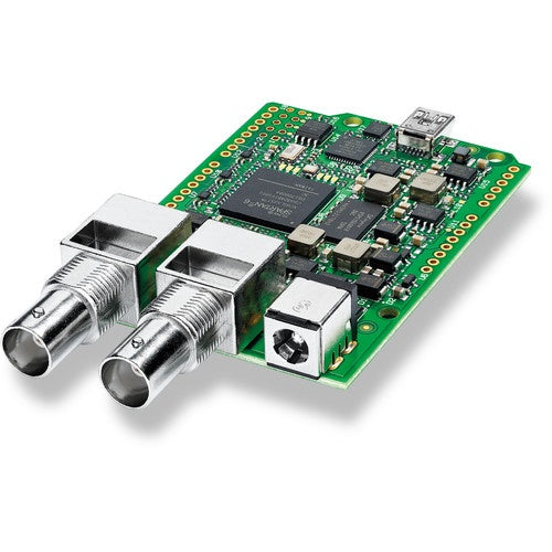 Blackmagic Design 3G-SDI Arduino Shield green circuit board with BNC connectors, angled view