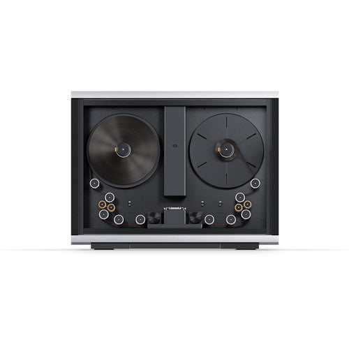 Blackmagic Design Cintel scanner front view showing twin film reel plates and roller path