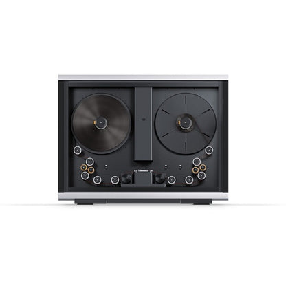 Blackmagic Design Cintel scanner front view showing twin film reel plates and roller path