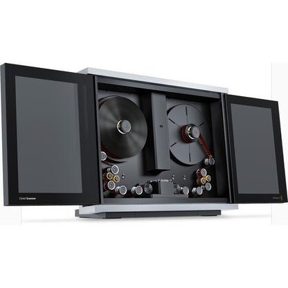 Blackmagic Design Cintel scanner angled view with doors open and film threaded across the rollers