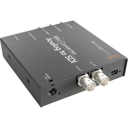 Blackmagic Design Mini Converter Analog to SDI angled view showing SDI OUT BNCs and 12V power input