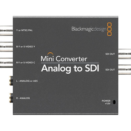 Blackmagic Design Mini Converter Analog to SDI top panel with labeled component, S-Video and analog audio inputs