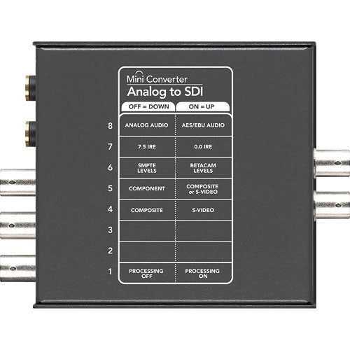 Blackmagic Design Mini Converter Analog to SDI underside switch chart for audio, IRE and video format settings