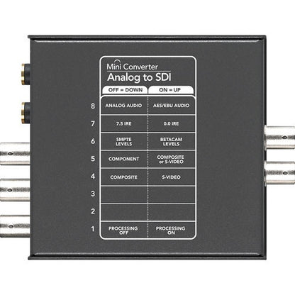 Blackmagic Design Mini Converter Analog to SDI underside switch chart for audio, IRE and video format settings