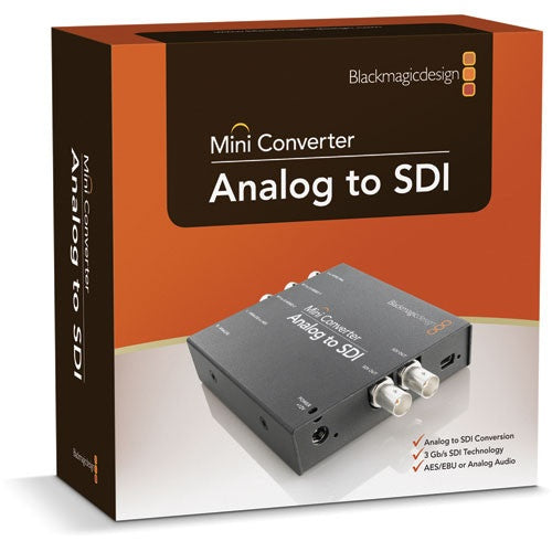 Blackmagic Design Mini Converter Analog to SDI retail box with product photo and feature list on front