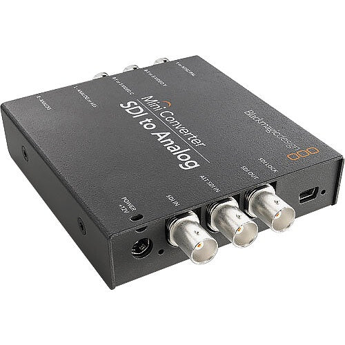 Blackmagic Design Mini Converter SDI to Analog angled view showing SDI BNC jacks, USB port, and power input