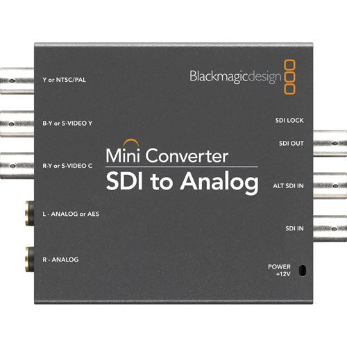 Blackmagic Design Mini Converter SDI to Analog top view with labeled BNC and analog audio port markings
