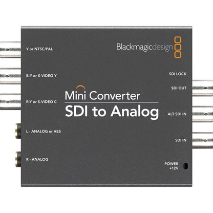 Blackmagic Design Mini Converter SDI to Analog top view with labeled BNC and analog audio port markings