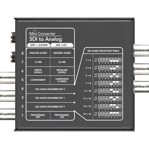 Underside of Blackmagic Design Mini Converter SDI to Analog with switch settings and SDI audio selection table