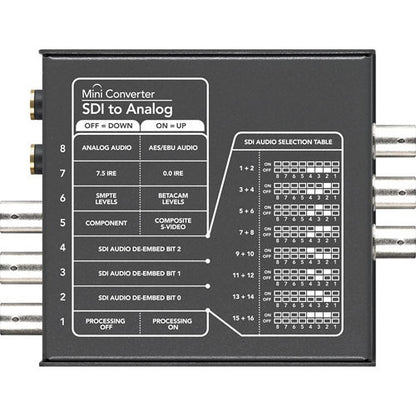 Underside of Blackmagic Design Mini Converter SDI to Analog with switch settings and SDI audio selection table